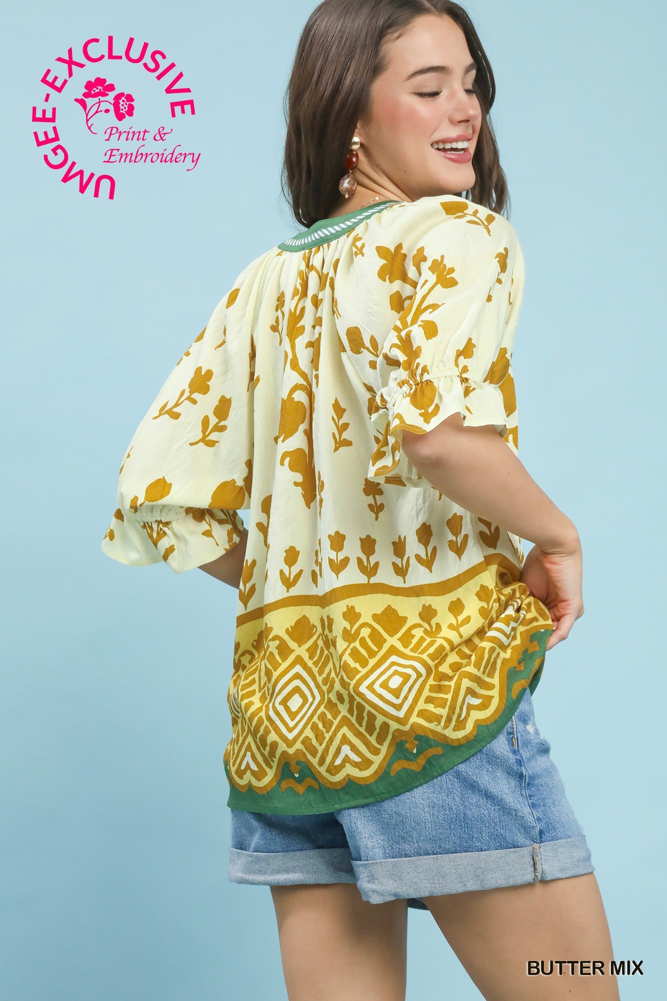 Umgee Butter Mix Border Print Puff Sleeve Top