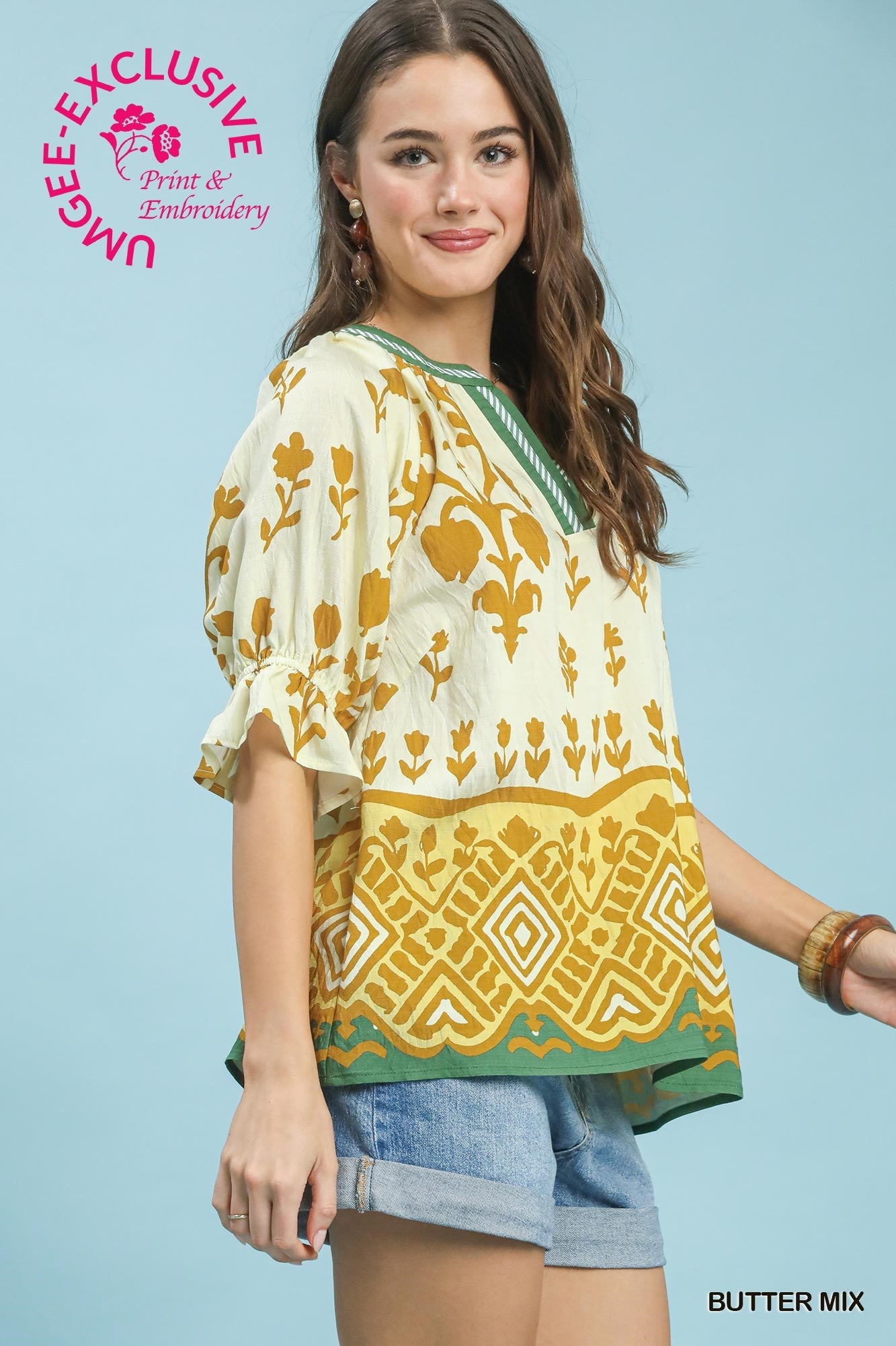 Umgee Butter Mix Border Print Puff Sleeve Top