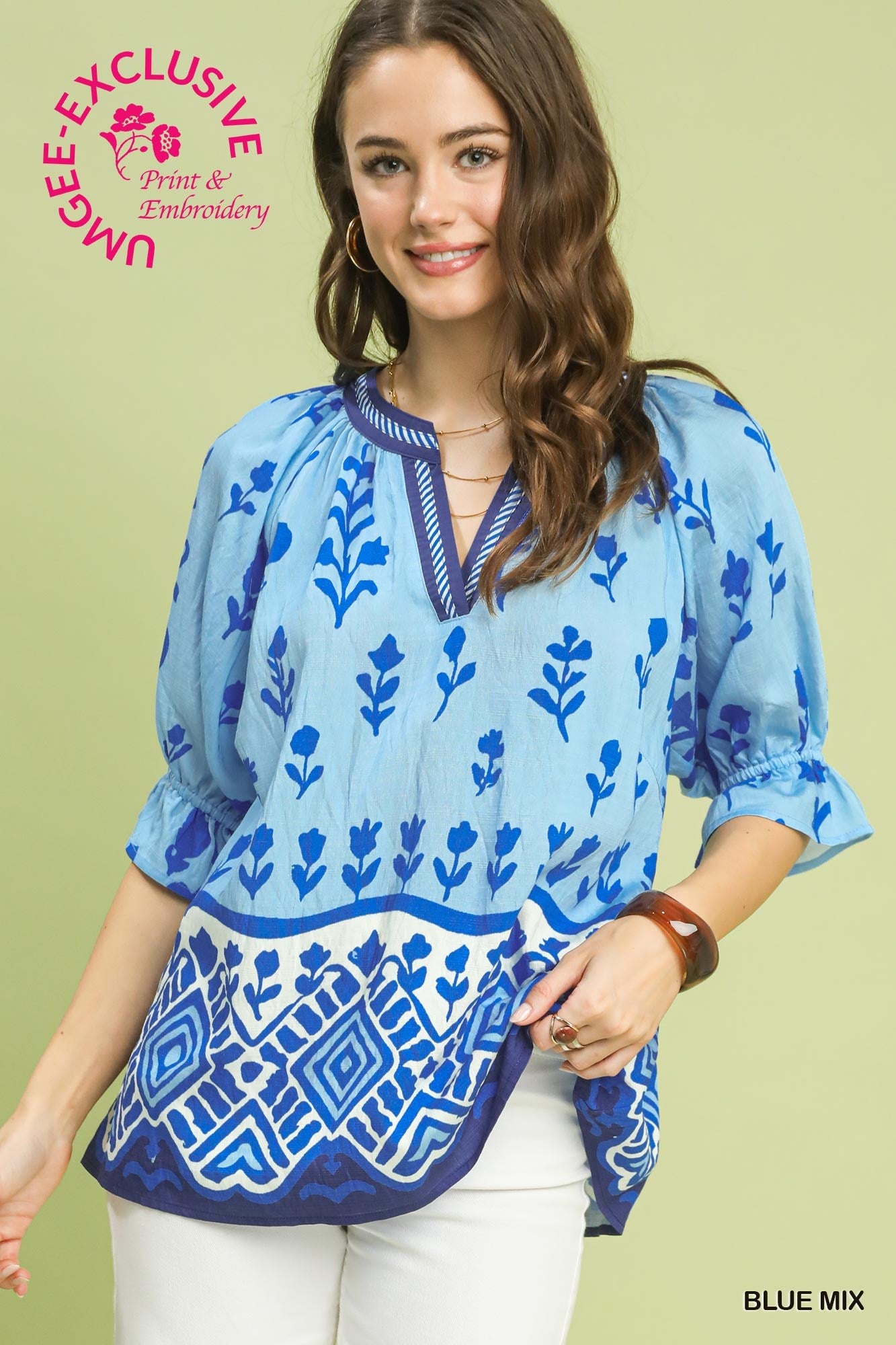 Umgee Blue Border Print Puff Sleeve Top
