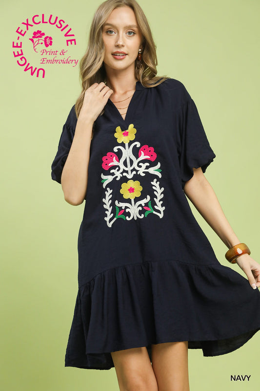 Umgee Navy Embroidered Floral Babydoll Dress