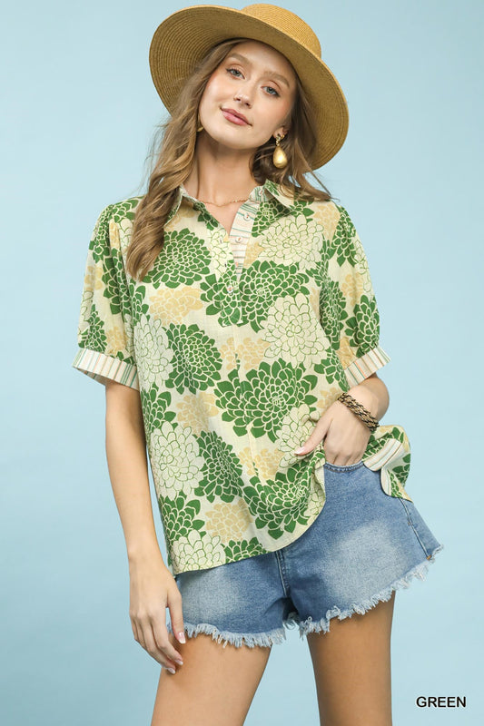 Umgee Green Floral Linen Blend Blouse