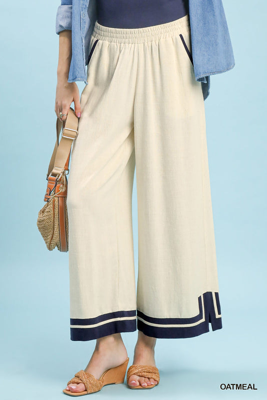 Umgee Oatmeal Linen Wide Leg Pants with Contrast Trim