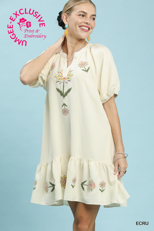 Umgee Cream Embroidered Floral Babydoll Dress