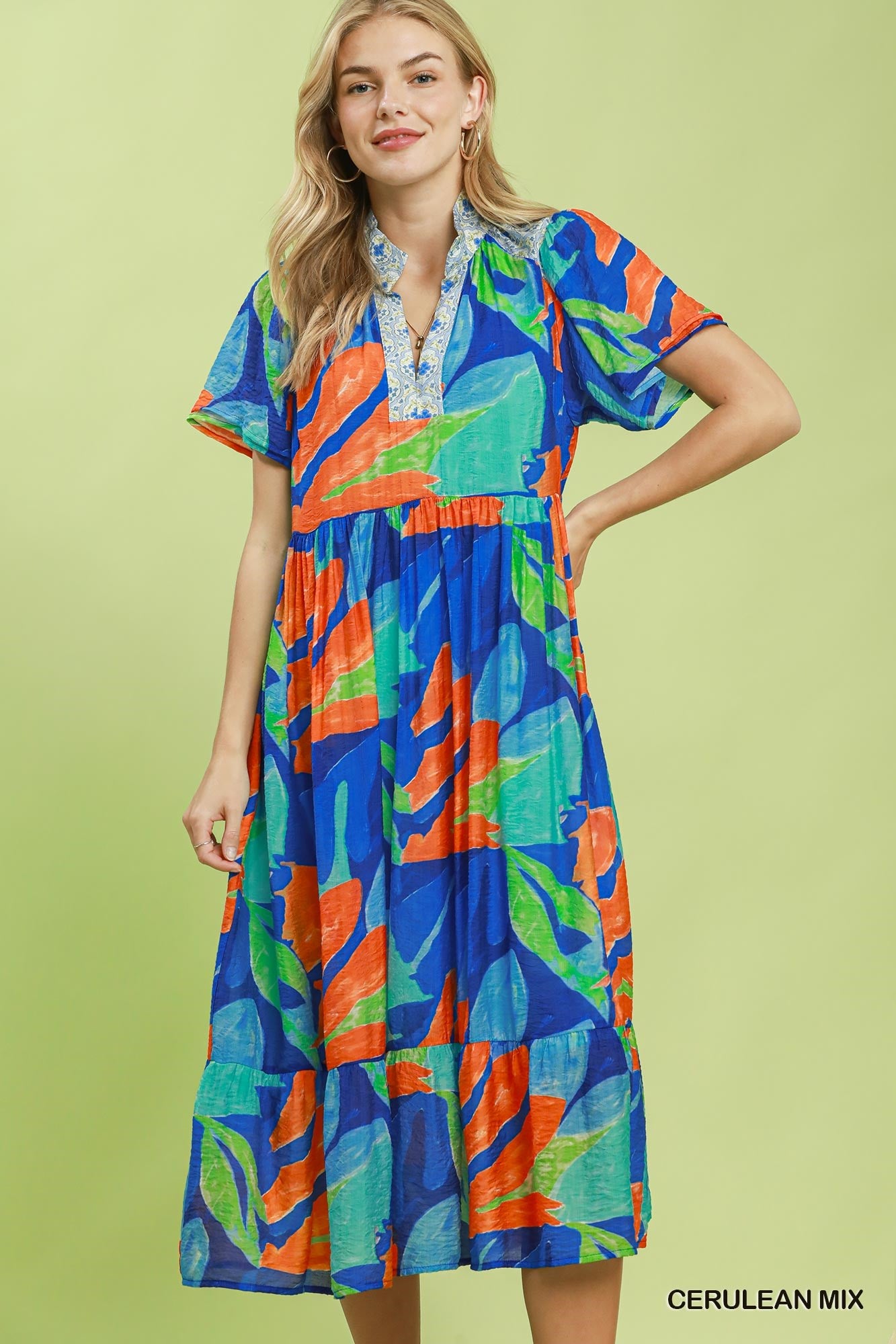 Umgee Abstract Tropical Print Tiered Midi Dress – Cerulean Mix Floral Dress