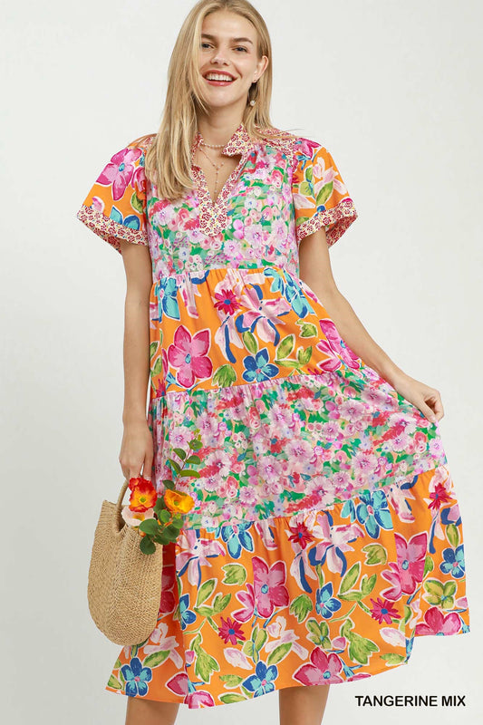 Umgee Mixed Floral Print Tiered Midi Dress – Tangerine Mix Cotton Dress with Pockets
