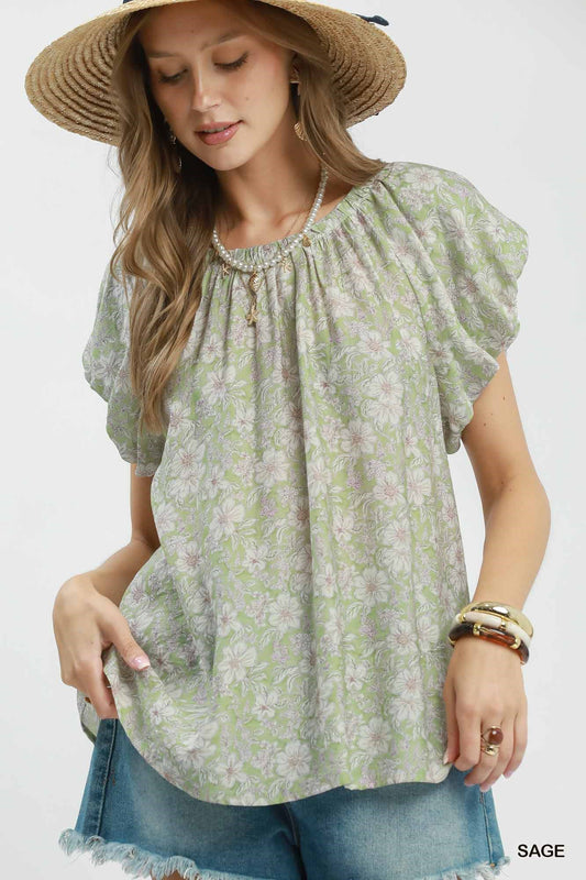 Umgee Sage Floral Puff Sleeve Blouse