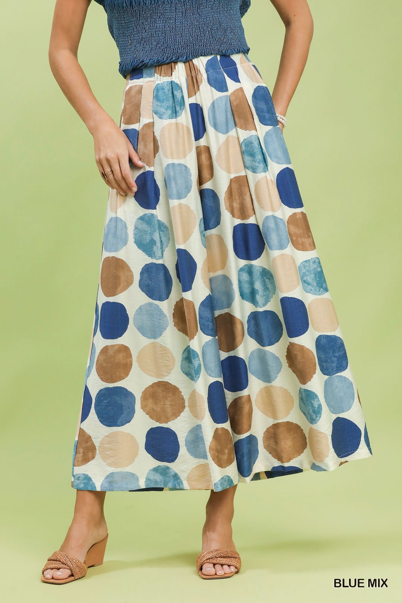 Umgee Blue & Brown Dot Print Wide Leg Pants – Flowy Pull-On Palazzo Pants