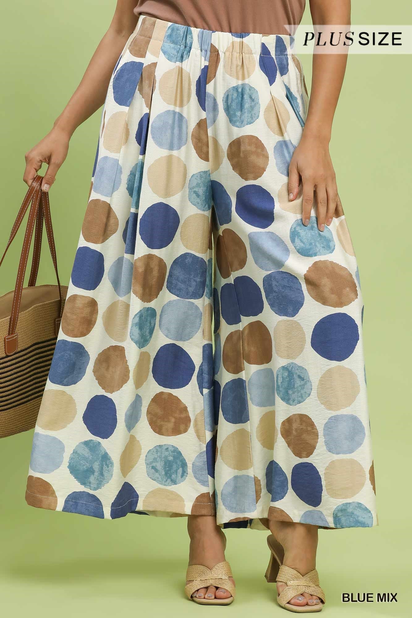 PLUS Umgee Blue & Brown Dot Print Wide Leg Pants – Flowy Pull-On Palazzo Pants