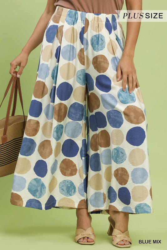 PLUS Umgee Blue & Brown Dot Print Wide Leg Pants – Flowy Pull-On Palazzo Pants