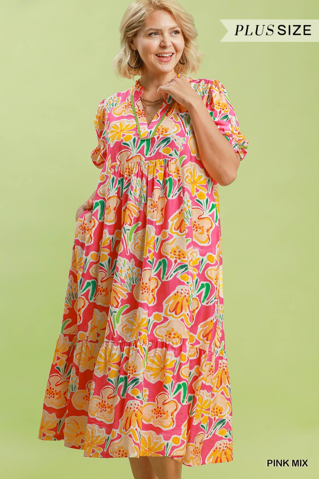 PLUS Umgee Floral Print Tiered Midi Dress – Pink & Orange Puff Sleeve Dress with Pockets