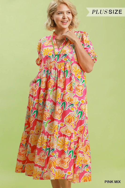 PLUS Umgee Floral Print Tiered Midi Dress – Pink & Orange Puff Sleeve Dress with Pockets