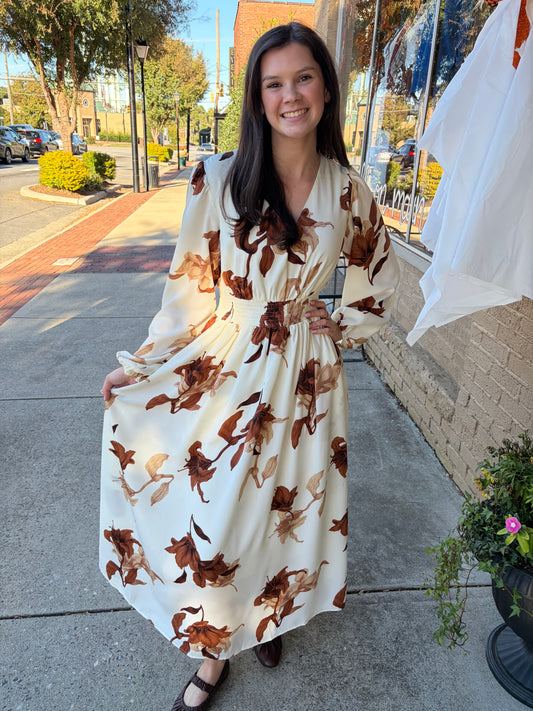 She and Sky Cream & Brown Floral Smocked Waist Maxi Dress with Pockets