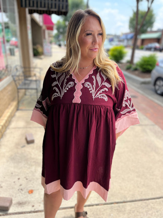 Embroidered Plunge V-Neck Mini Dress with Contrast Bands – Burgundy Mix + PLUS