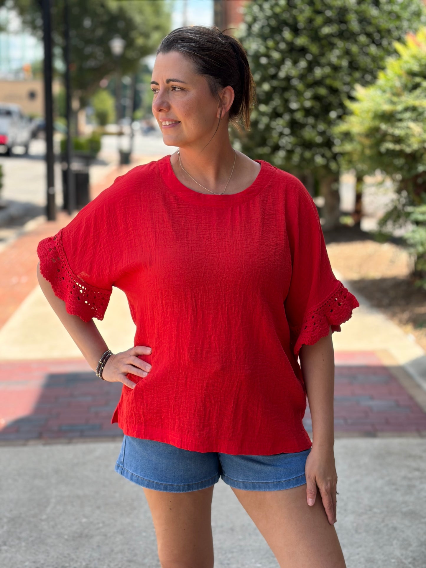 Umgee Tomato Red Crochet Trim Flutter Sleeve Top – Relaxed Fit Boutique Blouse