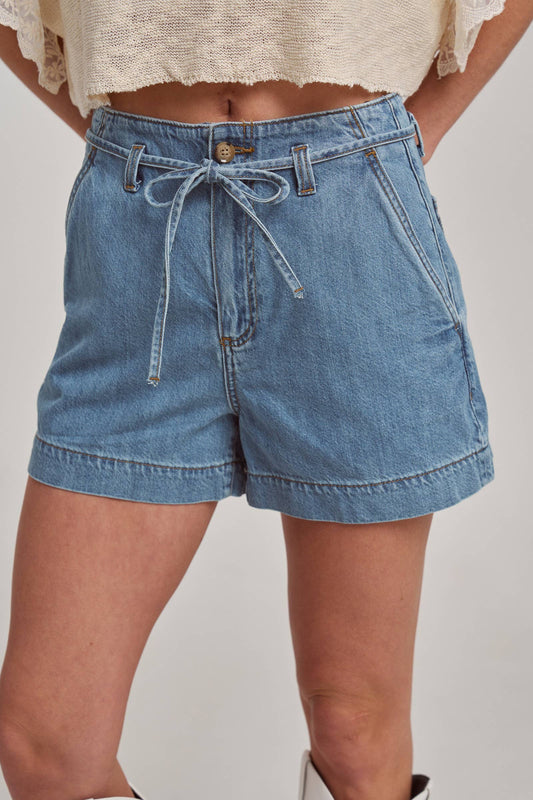 HR Denim Shorts with Tie Waistband