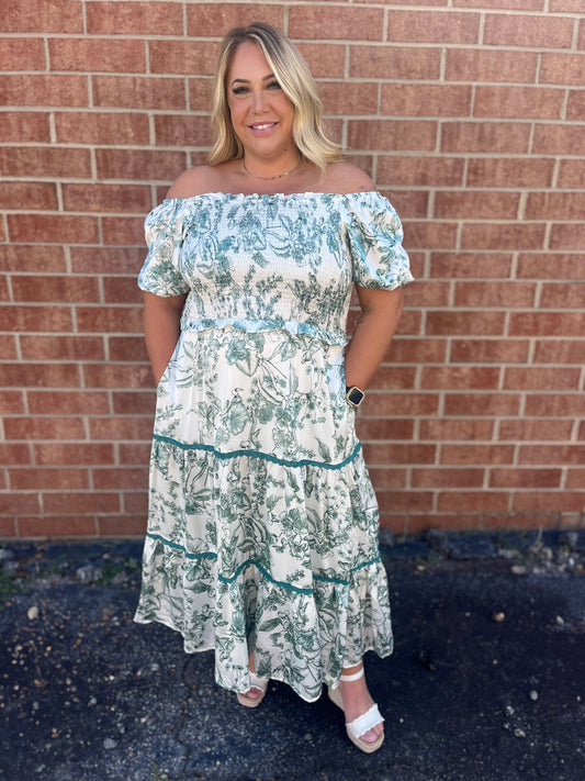 Plus Size Botanical Satin Tiered Dress with Lace Trim