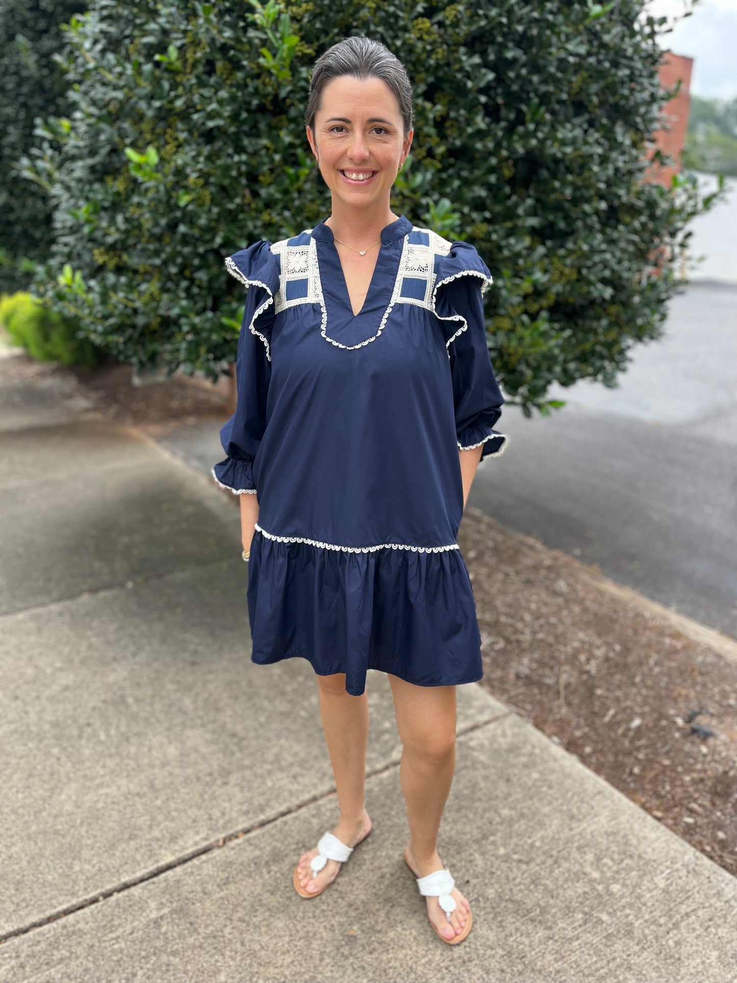 Navy Drop Waist Mini Dress with Crochet Lace Detail