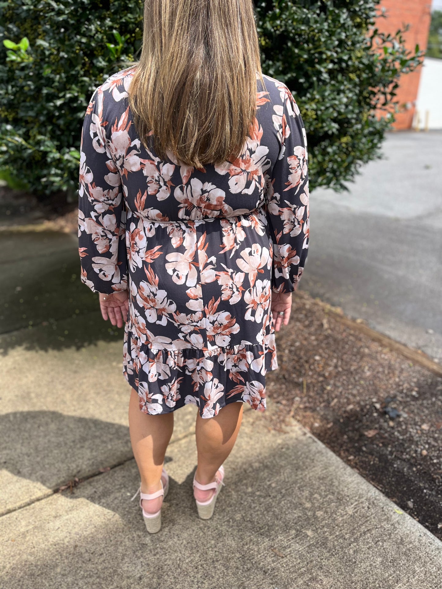 PLUS Charcoal Cream Floral Ruffle Dress