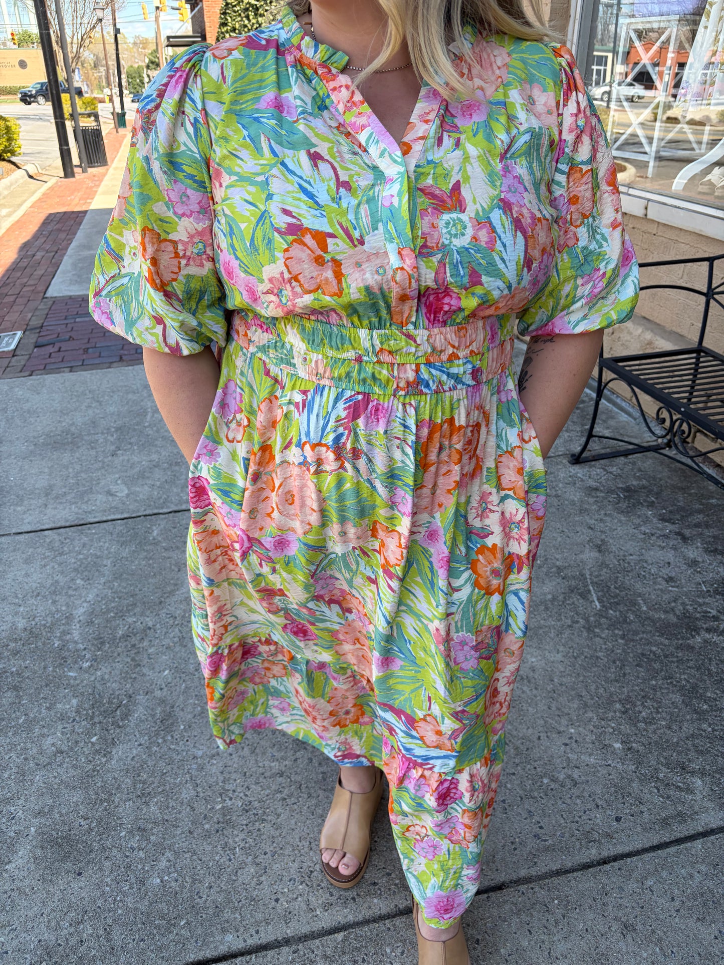 PLUS Oddi Floral Tiered Midi Dress with Puff Sleeves - Marigold Garden