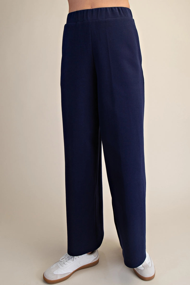 Glam Navy Elastic Waist Wide Leg Pants – Soft Business Casual Comfort