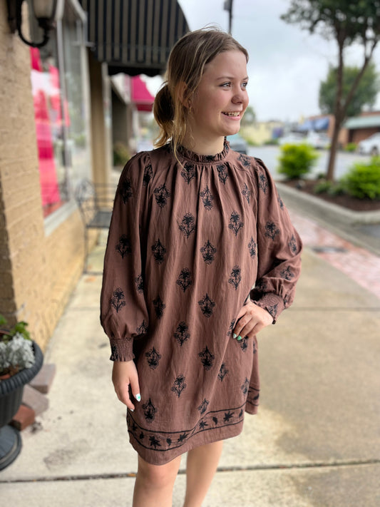 Umgee Embroidered Long Sleeve Mini Dress with Ruffle Trim