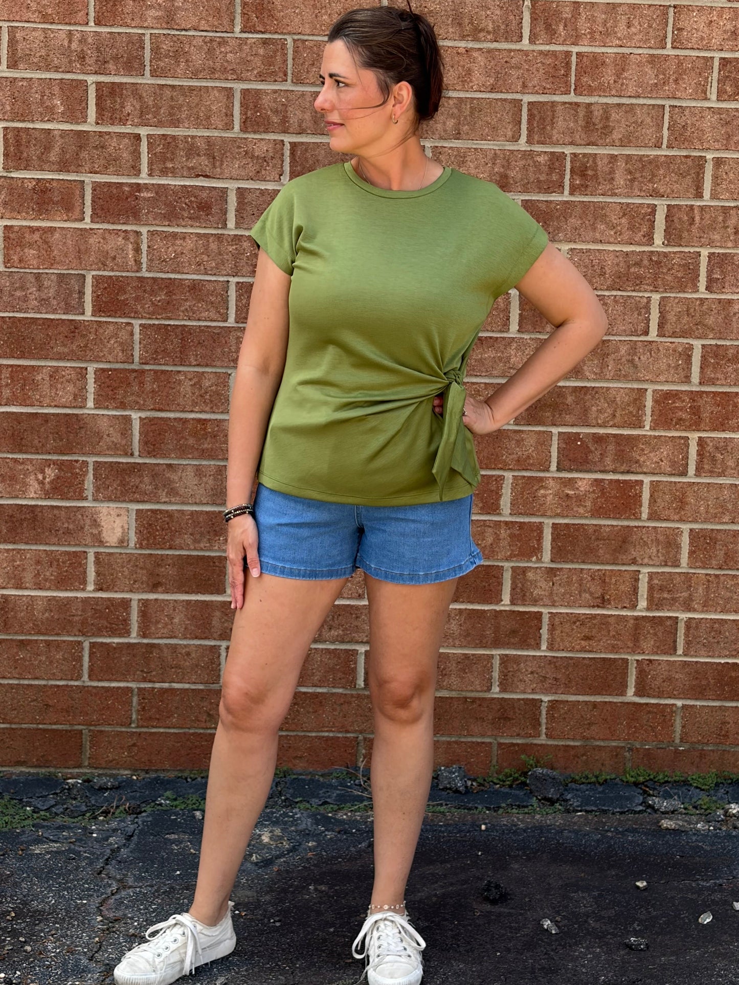 Entro Side Tie Bow Short Sleeve Knit Top - Lt Olive