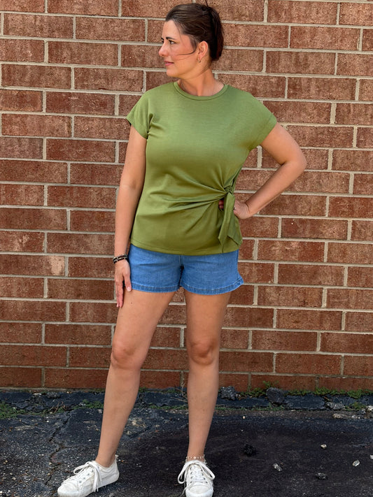 Entro Side Tie Bow Short Sleeve Knit Top - Lt Olive