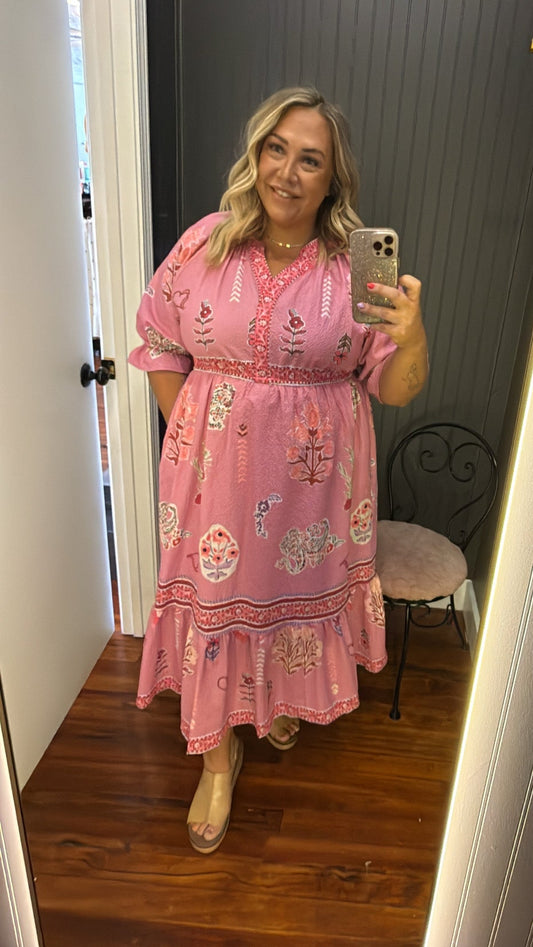 PLUS Umgee Pink Floral Print V-Neck Midi Dress