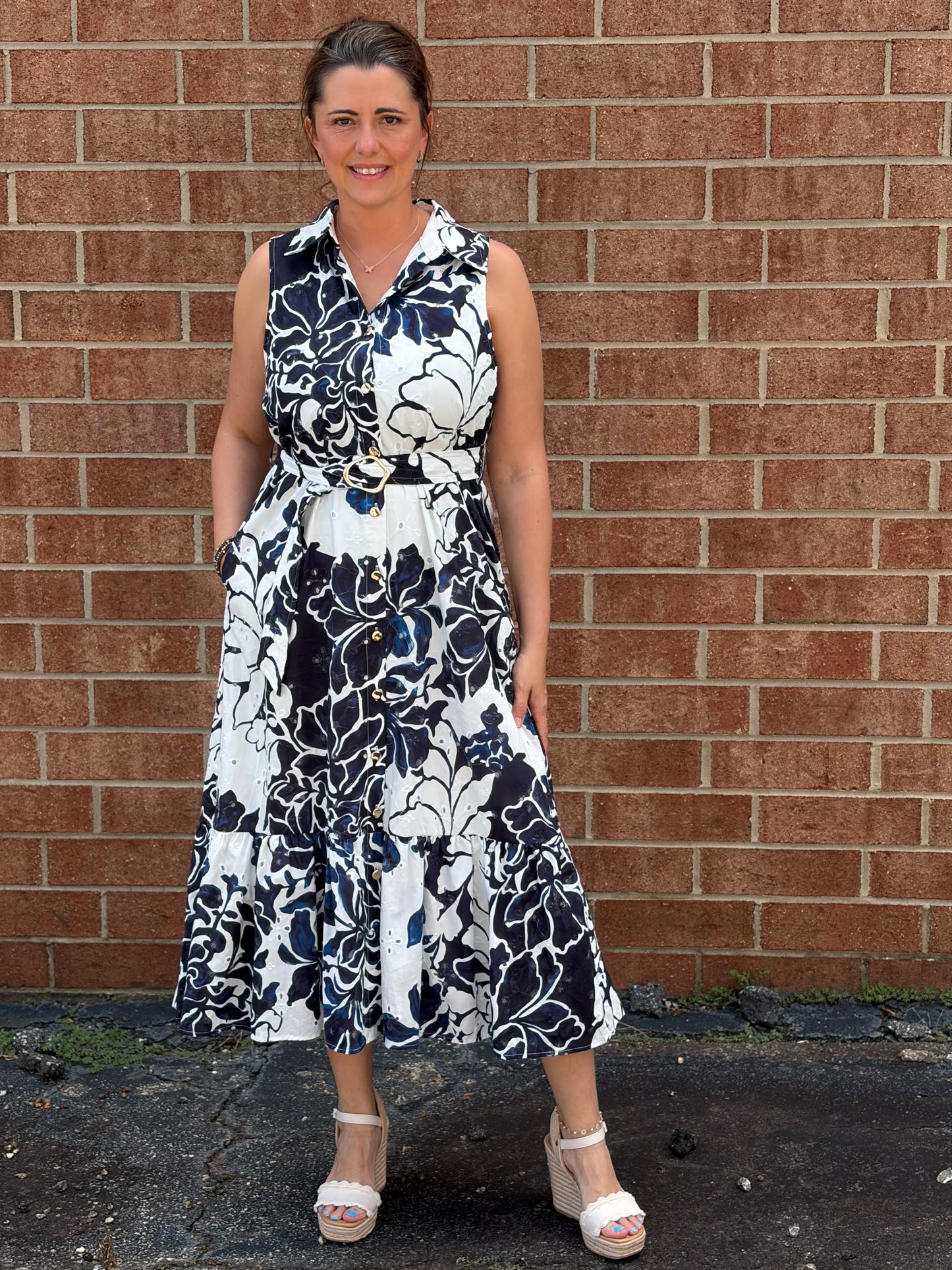 Entro Navy Floral Print Sleeveless Midi Dress with Tie Waist