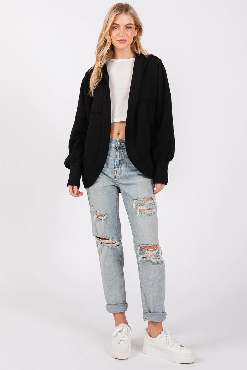 Washed Hooded Open-Front Cardigan – Black