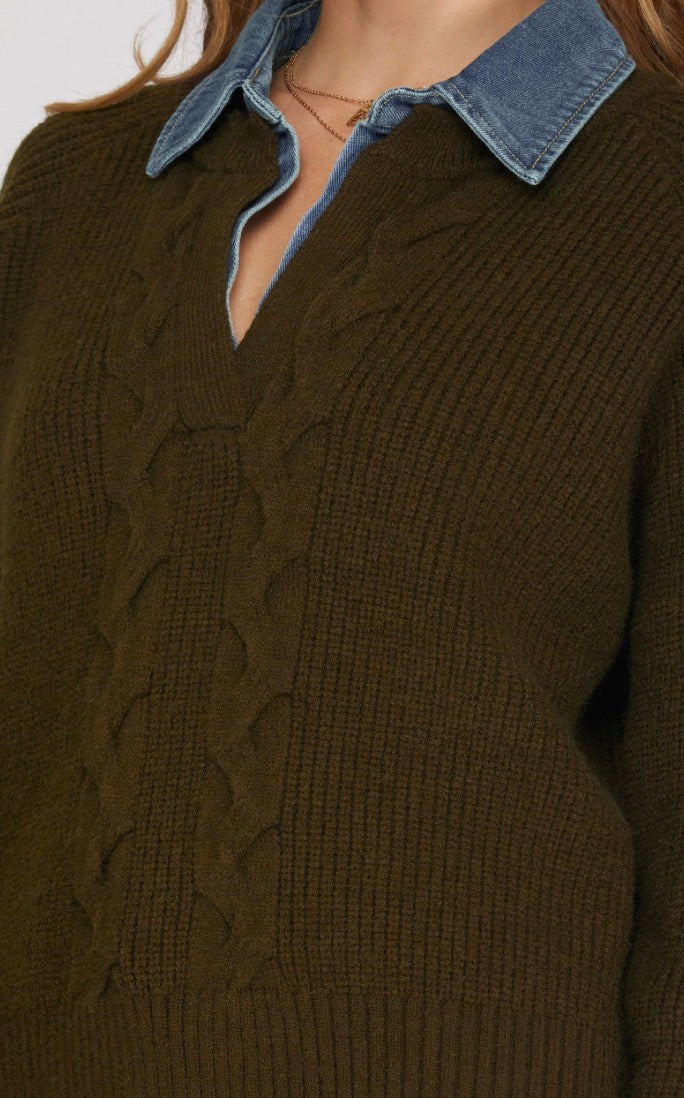 She and Sky Brown Cable Knit Sweater with Washed Denim Collar