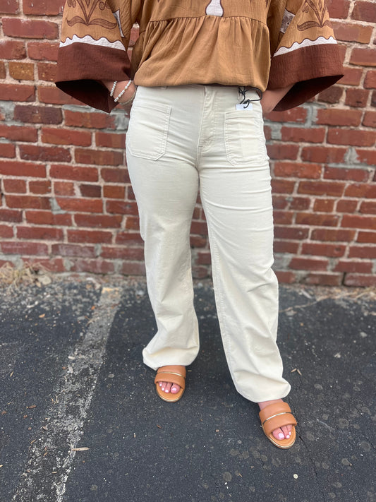 Ecru Corduroy Straight Leg Jeans with Marine Pockets