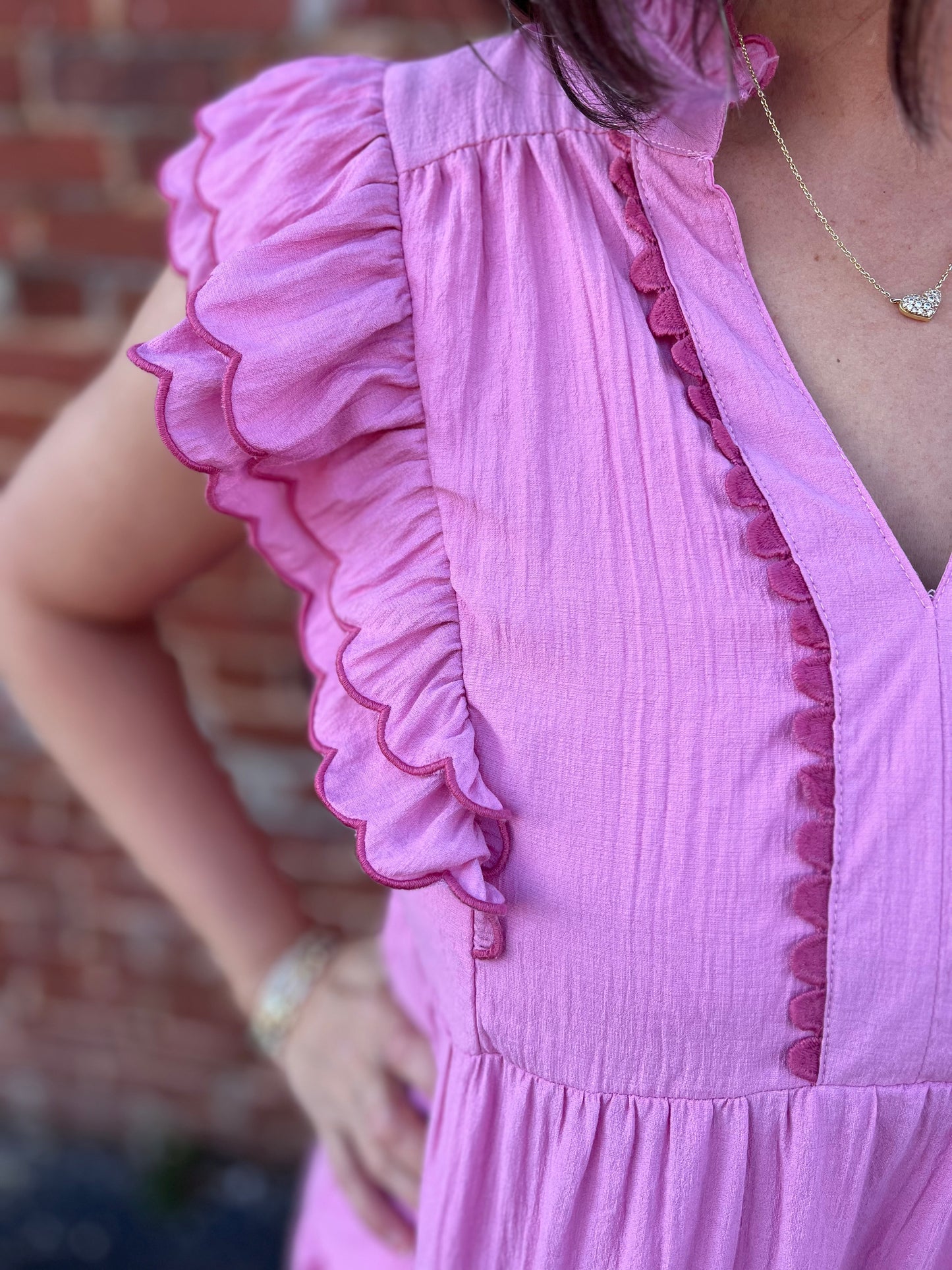 Umgee Pink Tiered Maxi Dress with Scalloped Details