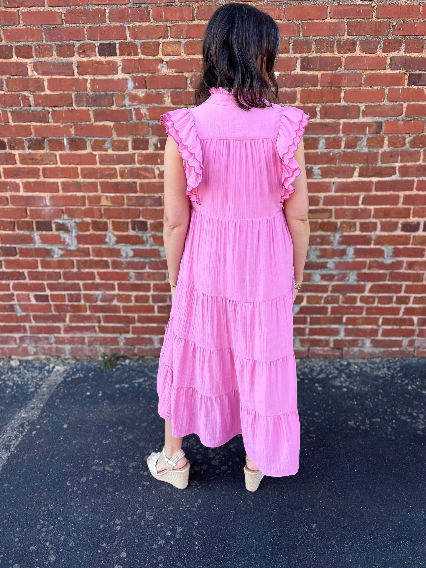 Umgee Pink Tiered Maxi Dress with Scalloped Details