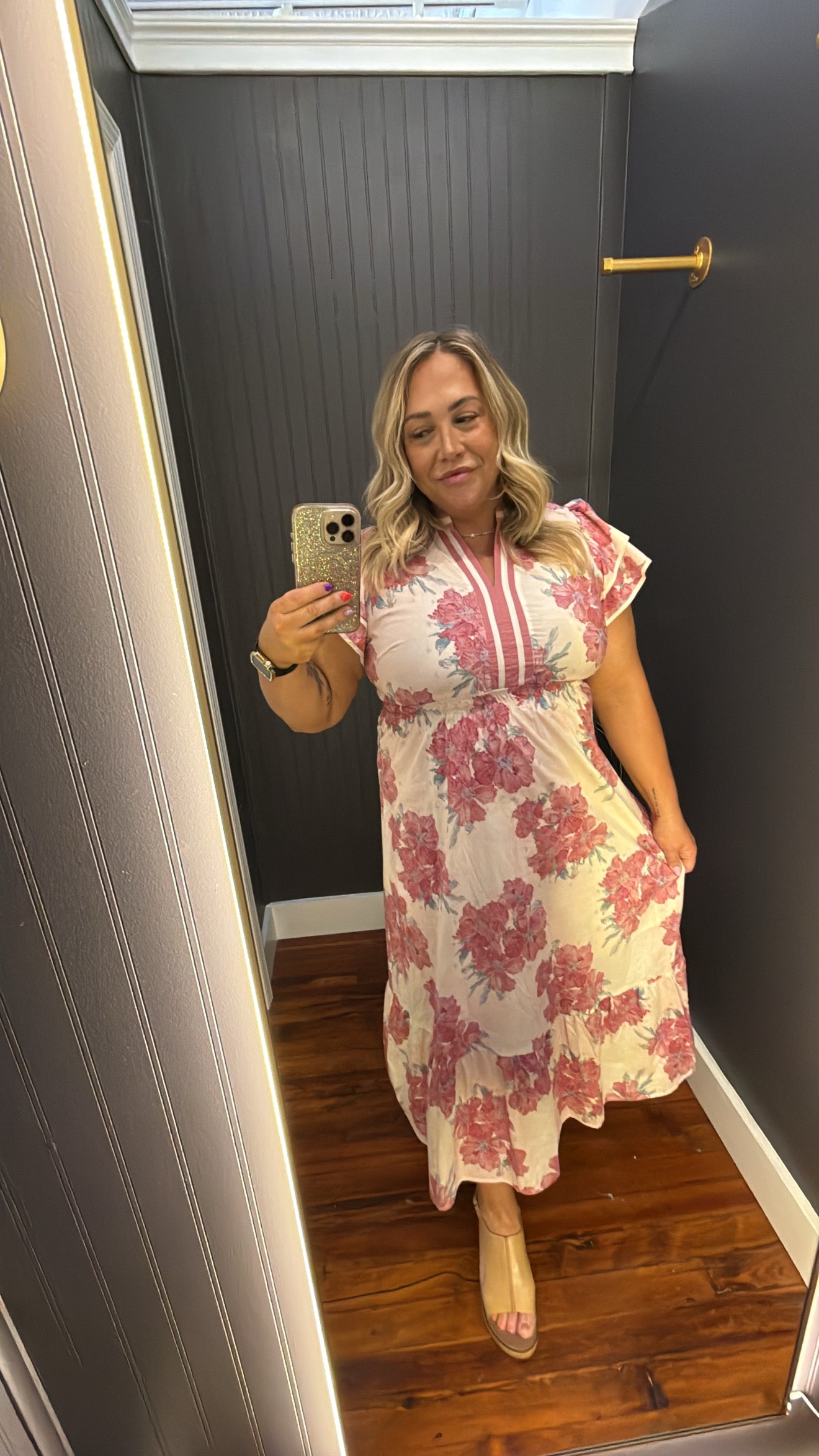 PLUS Umgee Pink Floral Flutter Sleeve Midi Dress