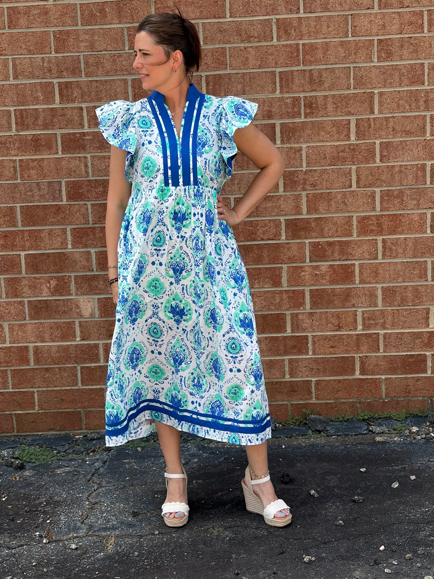 Entro Blue & Green Botanical Print Flutter Sleeve Midi Dress