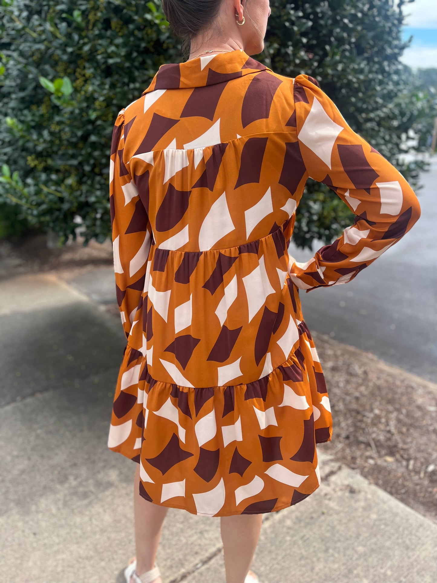 Caramel Abstract Printed Long Sleeve Dress