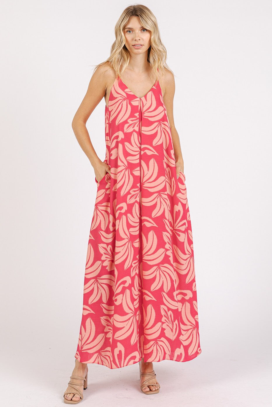 Tropical Print Linen-like Sleeveless Maxi Dress