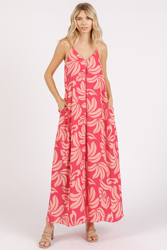 Tropical Print Linen-like Sleeveless Maxi Dress