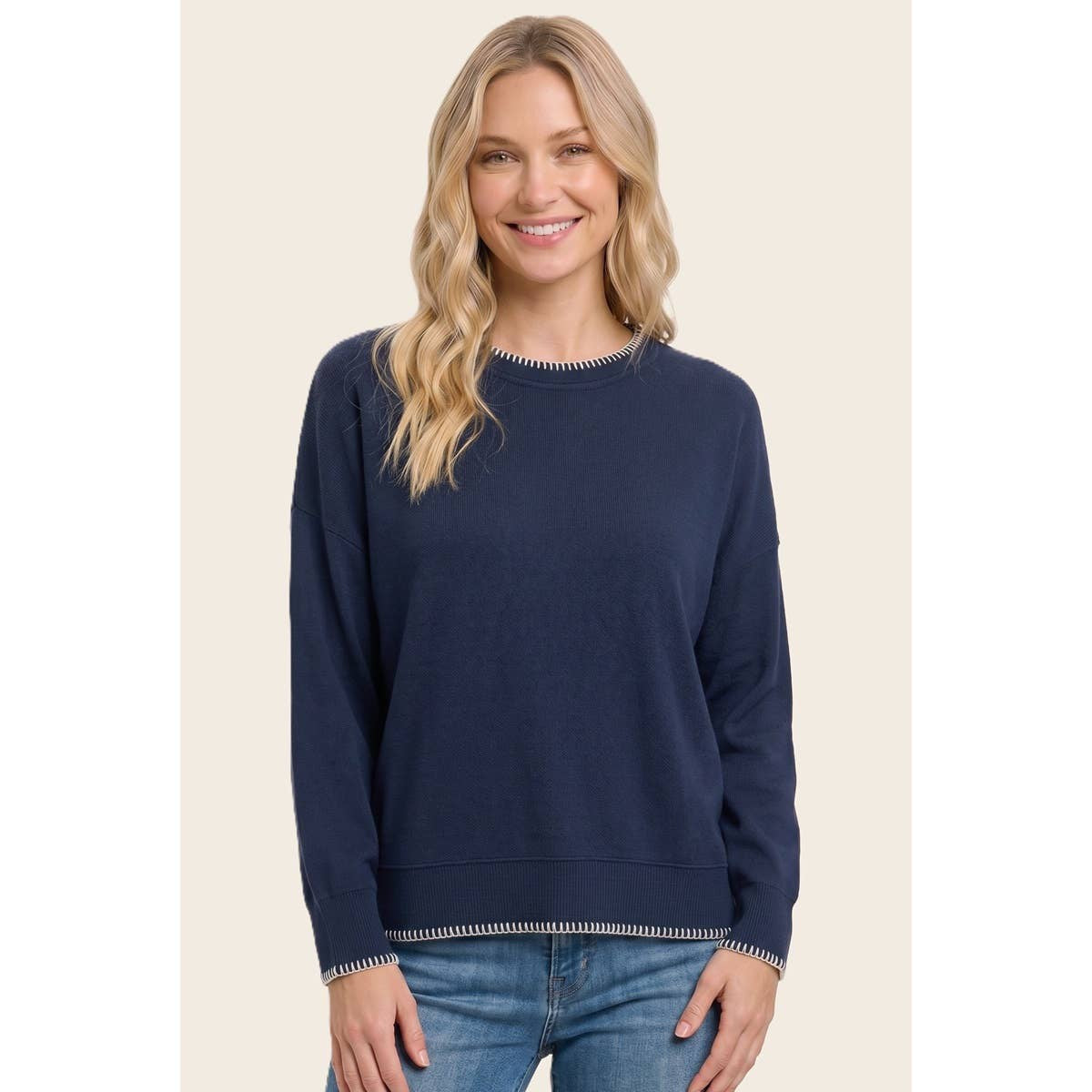 Staccato Navy Blanket Stitch Rib Textured Top