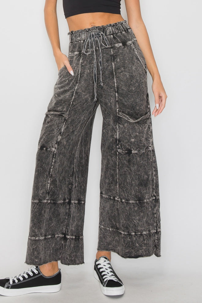 J.Her Ash Black Mineral Wash Wide Leg Pants with Raw Hem