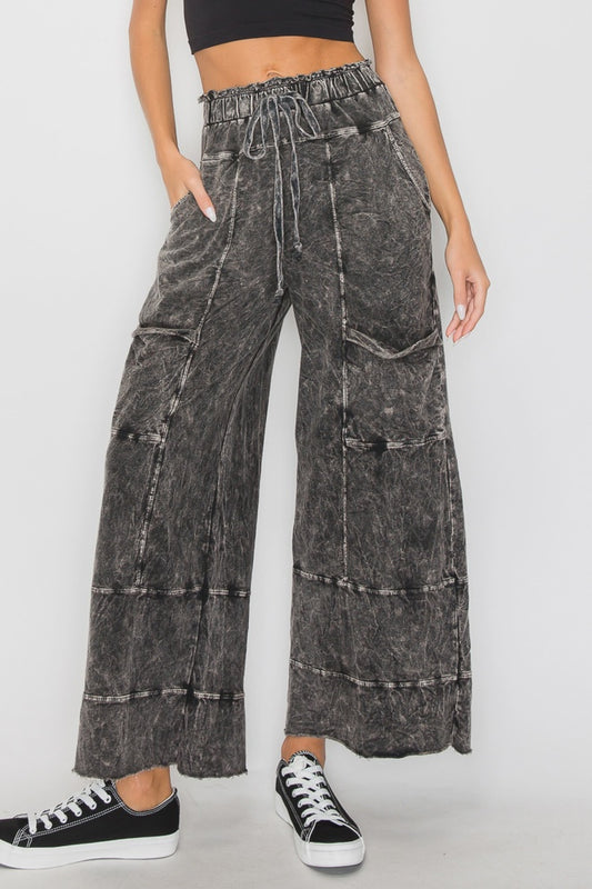 J.Her Ash Black Mineral Wash Wide Leg Pants with Raw Hem