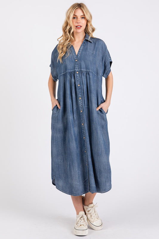 Washed Tencel Chambray Button Up Midi Shirt Dress