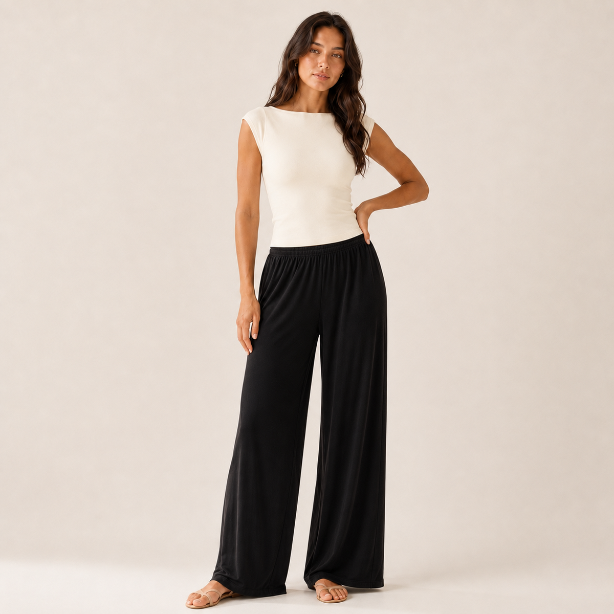 Black Wide Straight Leg Pants with Pockets