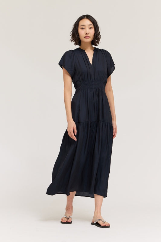 Midnight Ruffle Satin Midi Dress