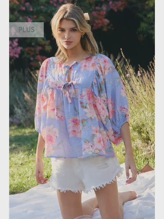 PLUS Oddi Blue & Pink Floral Peasant Blouse – Flowy Tie Front Puff Sleeve Top