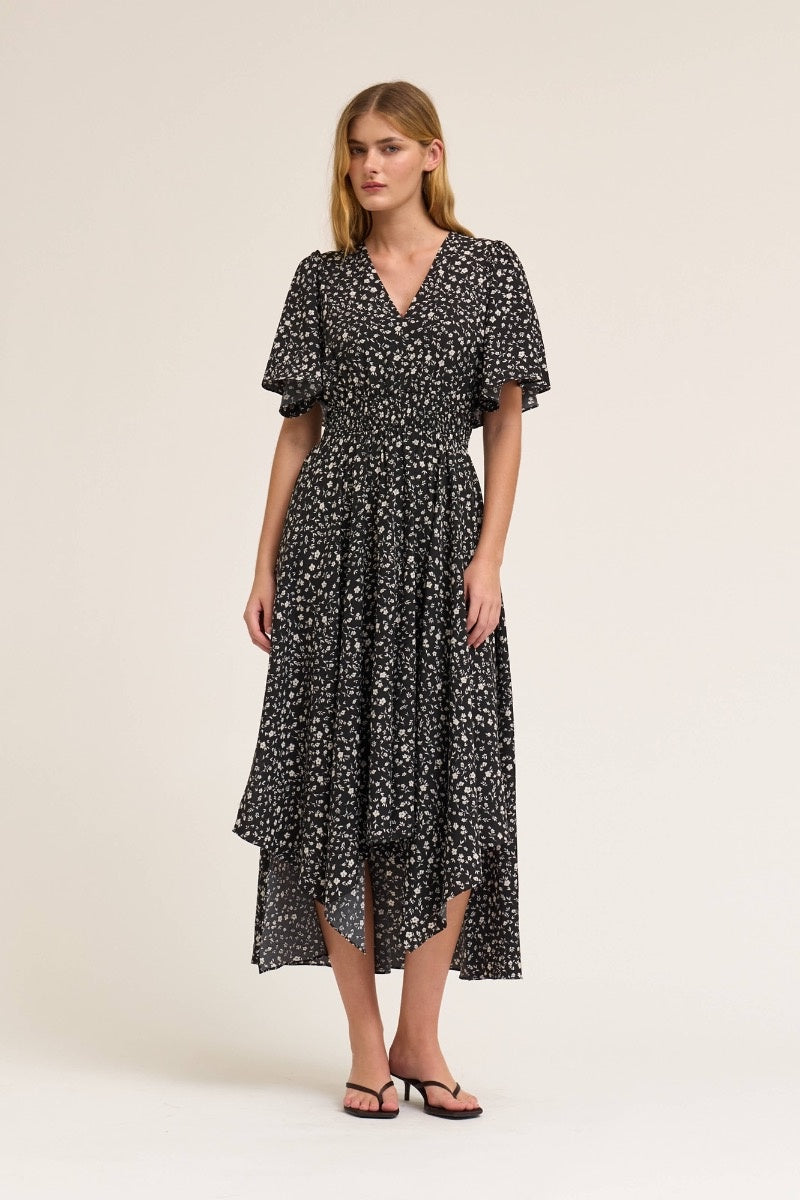 Grade & Gather Unbalanced Floral Maxi Dress Black