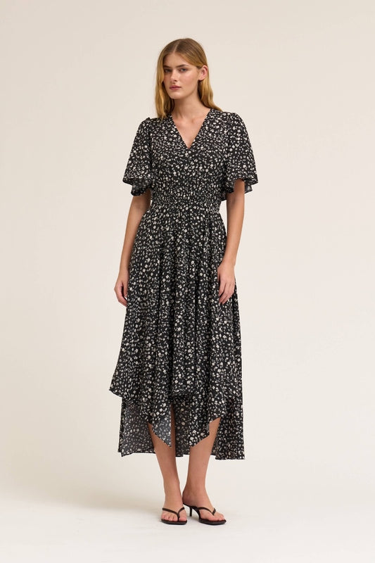 Grade & Gather Unbalanced Floral Maxi Dress Black