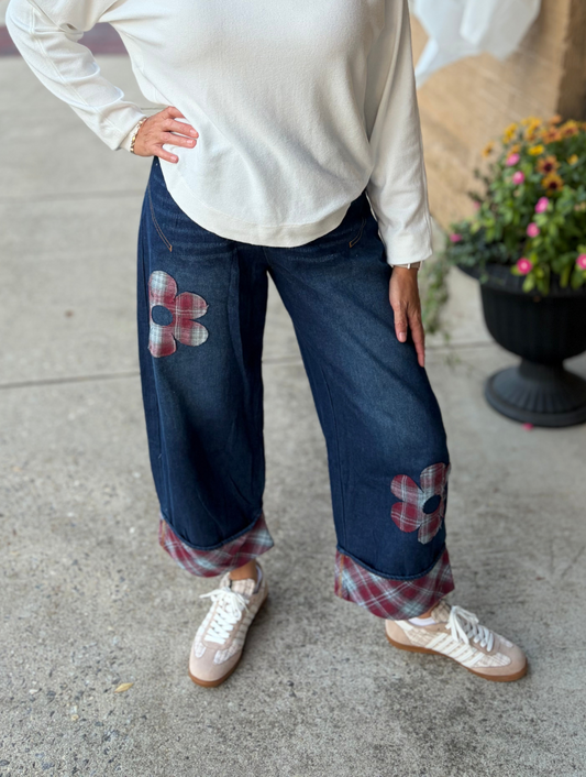 Cropped Wide Leg Denim Pants with Floral Lace Appliqué