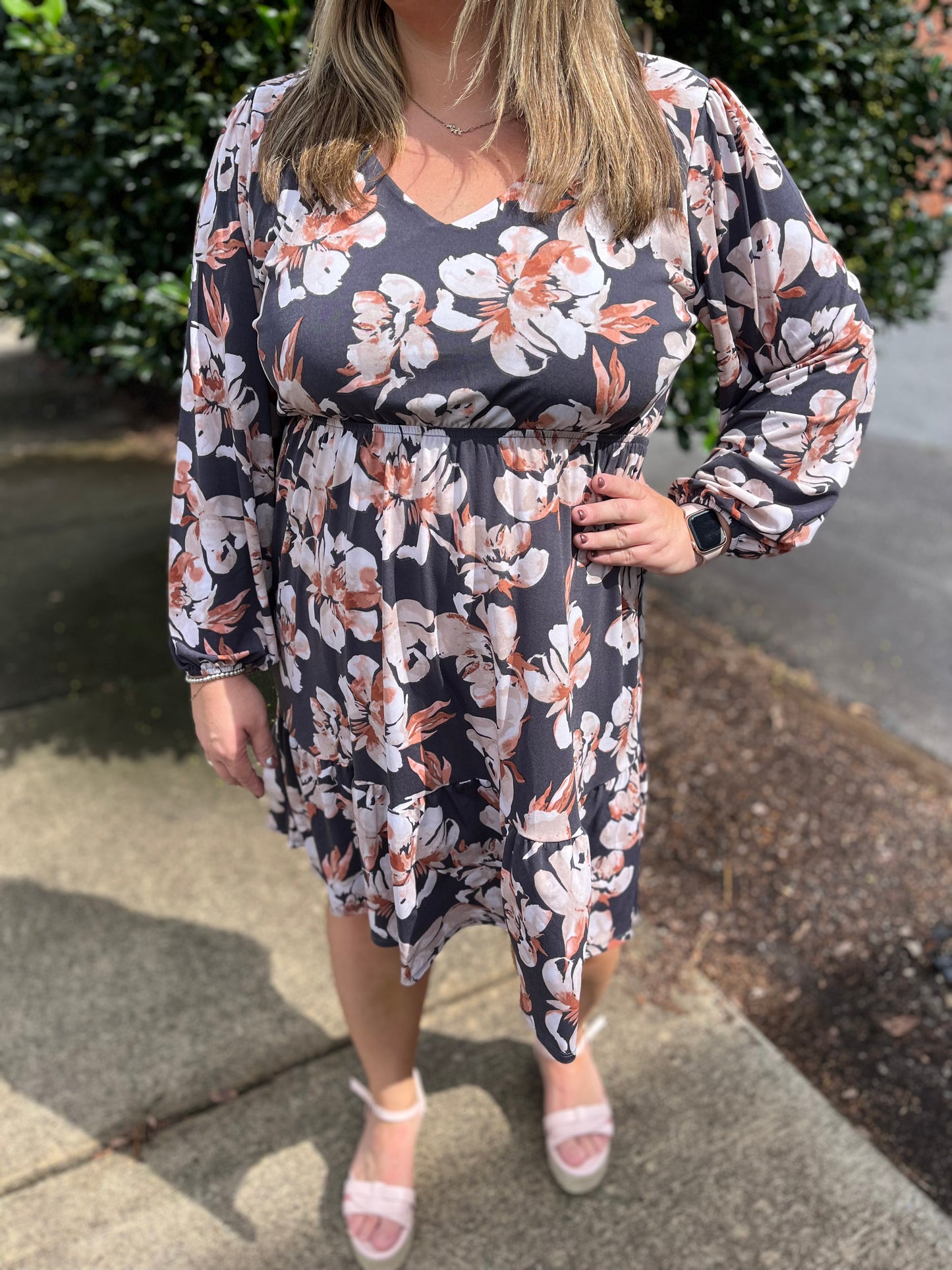 PLUS Charcoal Cream Floral Ruffle Dress